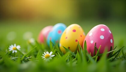 selective focus of easter painted eggs on grass