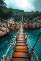 A wooden bridge with ropes hanging from it over a body of water