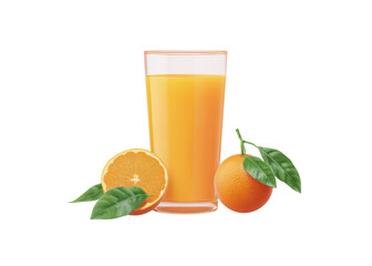 Tall glass of orange juice with sliced orange and whole orange with leaves isolated on transparent background. Concept of freshness, healthy drink, vitamin C.