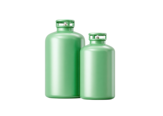 Two green gas cylinders of different sizes isolated on transparent background. Liquefied petroleum gas, propane, butane.
