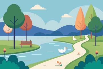 Lakeside Park Vector with Ducks Trees and Walking Trail