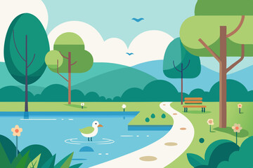Lakeside Park Vector with Ducks Trees and Walking Trail