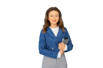 Studio portrait of a confident businesswoman holding a tablet, isolated on a transparent background