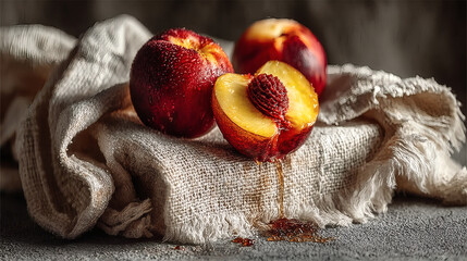 Juicy Nectarines on Textured Cloth with Liquid Dripping Down