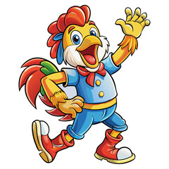 Cheerful Cartoon Rooster Mascot Waving &ndash; Colorful Farm Animal Character in Blue Outfit, Red Scarf and Boots, Fun Poultry Illustration for Branding and Design