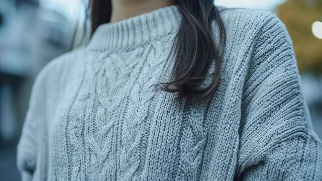 A woman wearing a gray sweater and a black hat, great for use in fashion or casual scenes