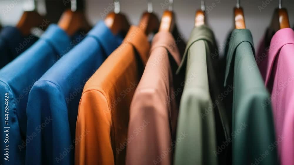 Poster a row of shirts hanging on a rack in a store or closet