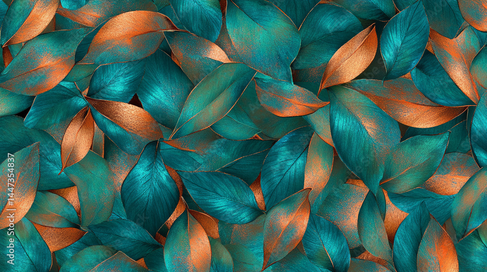 Poster Teal and copper leaves texture, overlapping in a dense pattern, creating a luxurious and elegant design, ideal for backgrounds or decorative purposes