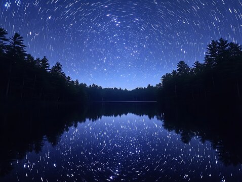 Star trails over tranquil lake - Powered by Adobe