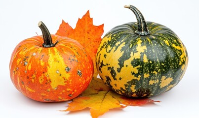 Autumn Gourds Resting on Colorful Maple Leaves