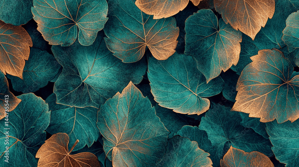 Poster close-up of teal and copper leaves texture, overlapping creating a rich, detailed pattern symbolizin