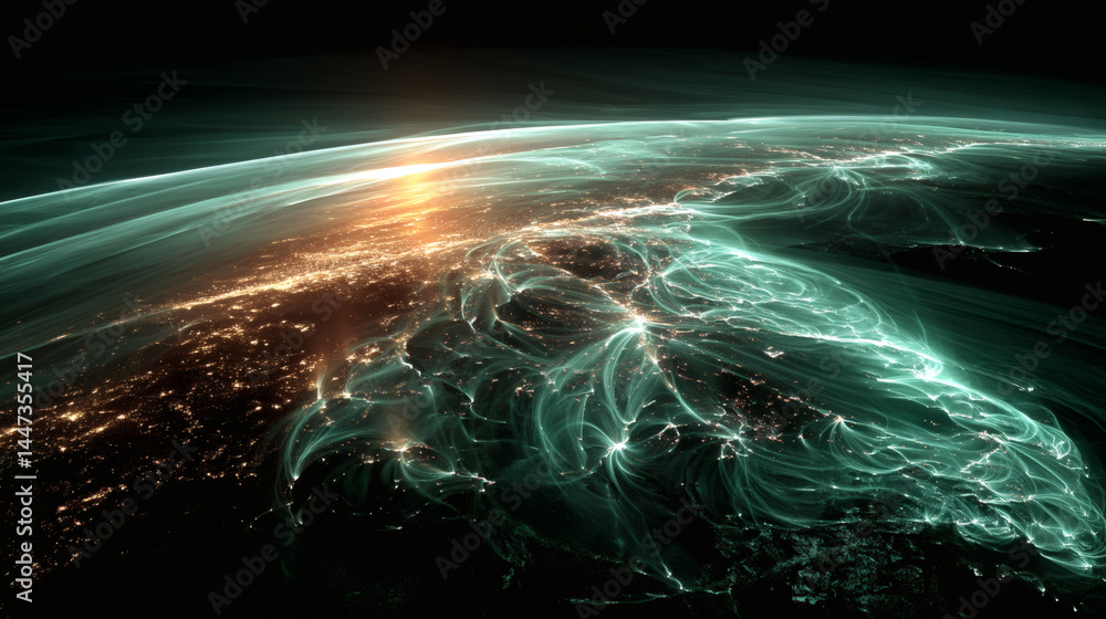 Poster luminous earthscape with dynamic light trails and celestial glow