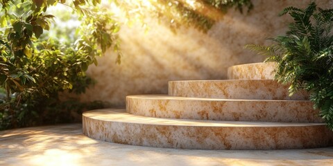 Sunlit Stone Steps Framed by Lush Green Foliage
