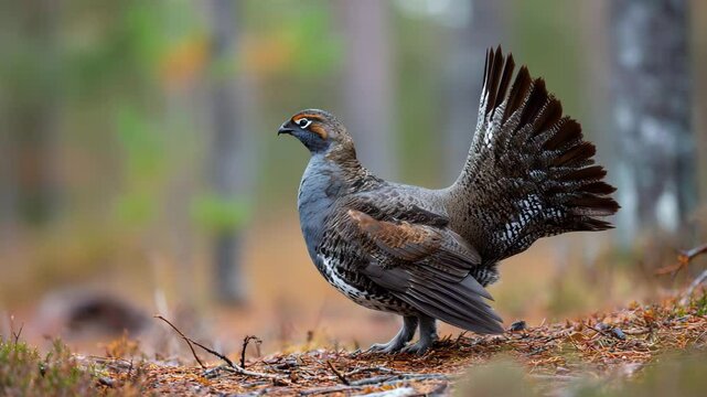 This captivating image of a male capercaillie reveals its striking plumage and unique courtship display, set against a stunning forest backdrop teeming with life and color.