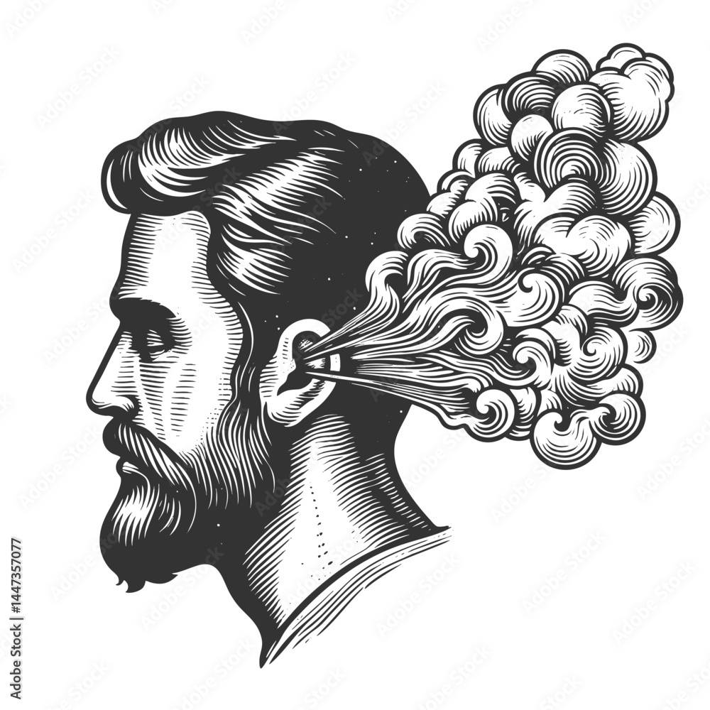 Poster thoughtful man with mustache as swirling, decorative smoke-like patterns emerge from his head symbol