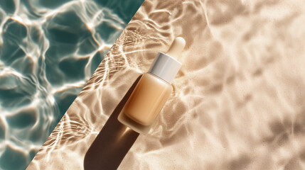 水辺と砂浜に置かれたドロッパーボトルの夏らしいリゾート感の演出（美容・美容液・コスメ・ファンデーション）