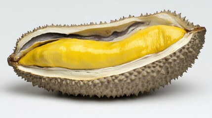 Durian fruit half showing creamy yellow flesh