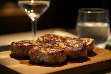 Grilled Steaks on Wooden Board