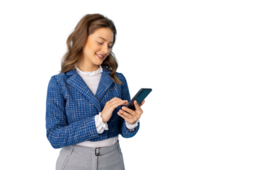 Professional businesswoman checking smartphone, wearing blue blazer and gray trousers