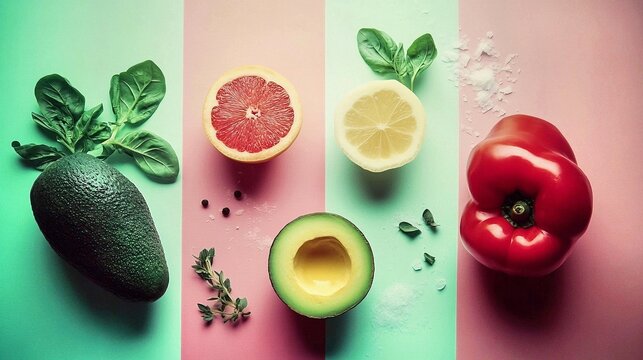 Vibrant single ingredient displays: avocado, grapefruit, lemon, and red bell pepper.