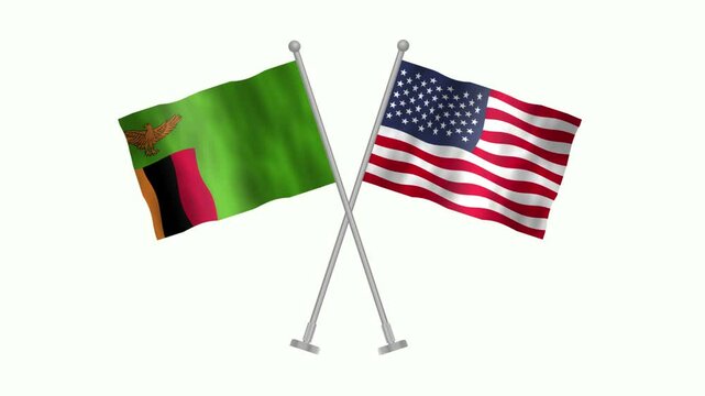 Flag of Zambia and USA, Cross table flag of Zambia and USA on white screen, Zambia and USA 3D Animation flag waving in the wind isolated on white Background. 
