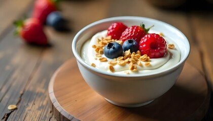 yogurt with muesli and berries on a wooden table