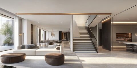 Fototapeta premium Modern Luxury Home Interior Design Featuring Staircase and Lounge