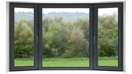 Three Panel Bay Window With Exterior View Of Trees And Grass - Isolated Background - Realistic Image