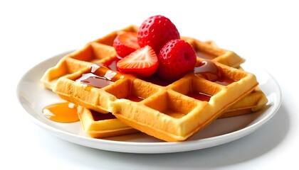 viennese waffles with strawberry and sweet syrup isolated on white background