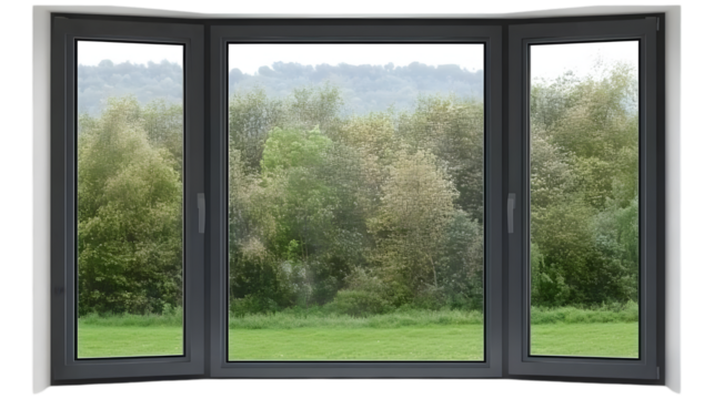 Three Panel Bay Window With Exterior View Of Trees And Grass - Isolated Background - Realistic Image