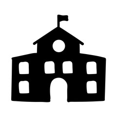 Black and white drawing of a school building with a flag