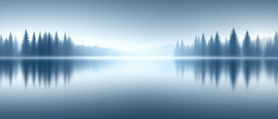 Obraz premium Serene lake reflecting trees, misty mountains. Peaceful scenery with soft, cool blues and light