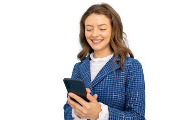 Fototapeta premium Happy businesswoman using smartphone, isolated on transparent background