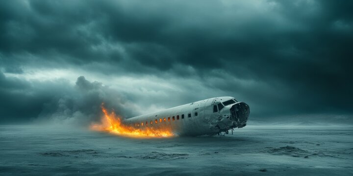 Burning Plane Wreck in Stormy Desert Landscape

