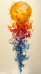 Abstract artwork depicting a vibrant swirling cloud of color transitioning from warm oranges and reds to cool blues and