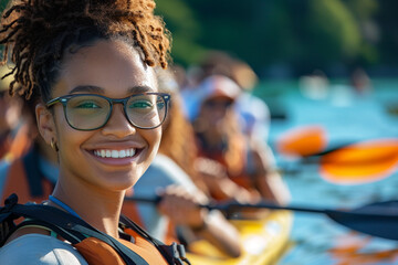 CHARMING diverse and enthusiastic group of individuals eagerly getting ready to embark on an exciting kayaking adventure on serene and picturesque lake