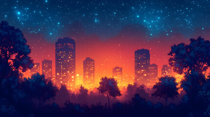 Fototapeta premium City nestled in a vibrant forest under a starry night sky