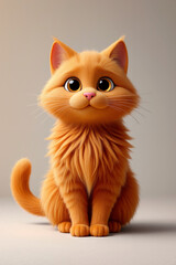 A playful cartoon orange cat with fluffy fur and big eyes sits upright, exuding charm and curiosity in a bright, simple setting. Generative AI.