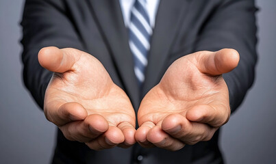Obraz premium Businessman in Suit with Open Hands Awaiting Assistance or Offering Support in a Professional Setting with Neutral Background