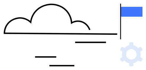 Cloud shape with horizontal lines, blue flag on pole, and gear icon. Ideal for technology, networking, goals, achievement, planning innovation and progress. Flat simple metaphor