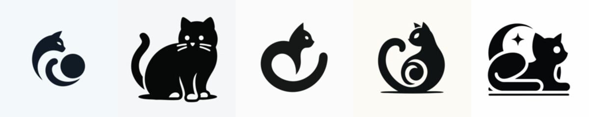 Cat Silhouette Outline Icon Set &ndash; Vector Pet Illustration