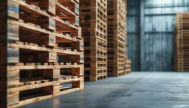 Detailed view of stacked wooden pallets inside an industrial storage area, with a focus on the textures of the wood and the arrangement of the pallets, emphasizing order and practicality...