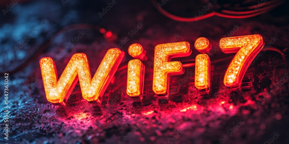 Poster wifi 7 illuminated text on dynamic server background, next generation wireless connectivity concept