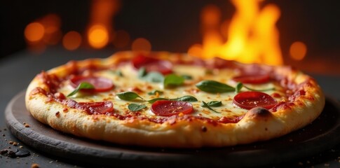 Crisp pizza crust, glowing embers in the background , gastronomy, tomato, texture