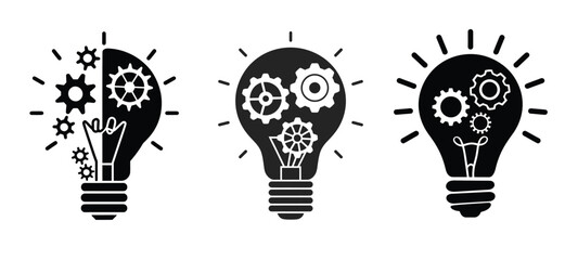 Light Bulb with Gear Mechanism Vector – Innovation and Engineering Concept in Black and White