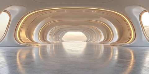 Fototapeta premium Futuristic Architectural Corridor With Golden Accents And Windows