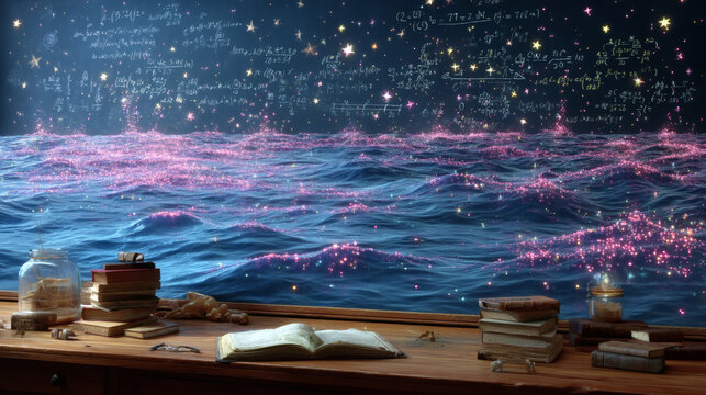 Mystical Ocean with Stars and Mathematical Equations in Background
