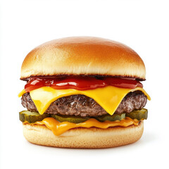 Classic cheeseburger with beef patty, American cheese, ketchup, mustard, pickles in soft bun on white background