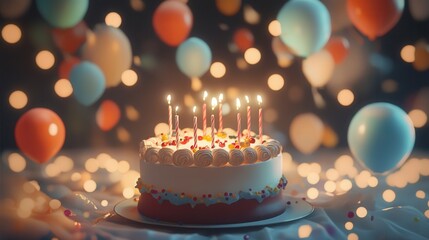 Festive birthday cake with lit candles, surrounded by colorful balloons and bokeh lights.