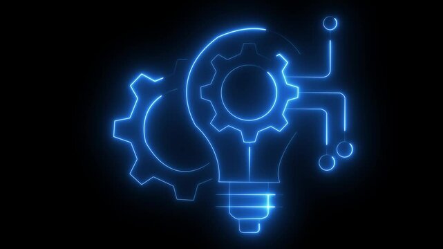 Neon glowing Light bulb with Gear icon animation. Electric neon bulb icon and black background Light lamp sign icon Neon light bulb icon with animation  New technology idea and business setting icon.